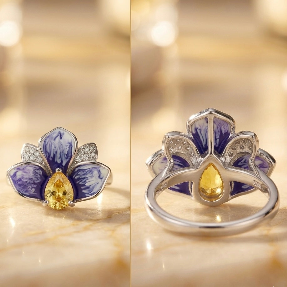 Purple Floral Statement Ring in 925 Silver (Size-8)