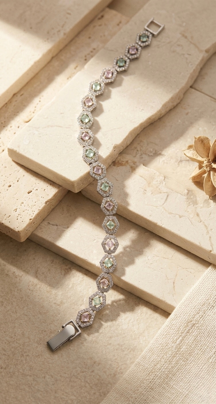 925 Silver Multi Stone Hexagon Bracelet – CZ Women’s Bracelet