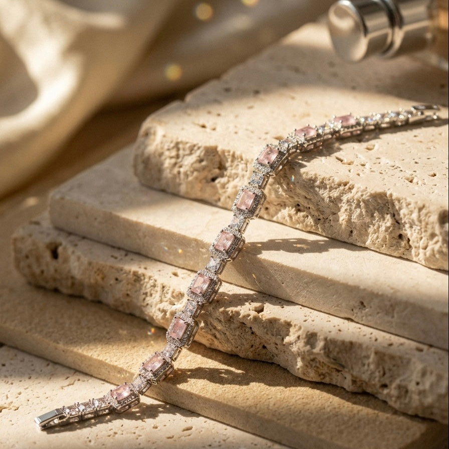 925 Silver Pink Stone Tennis Bracelet – Rhodium Plated Women’s Bracelet