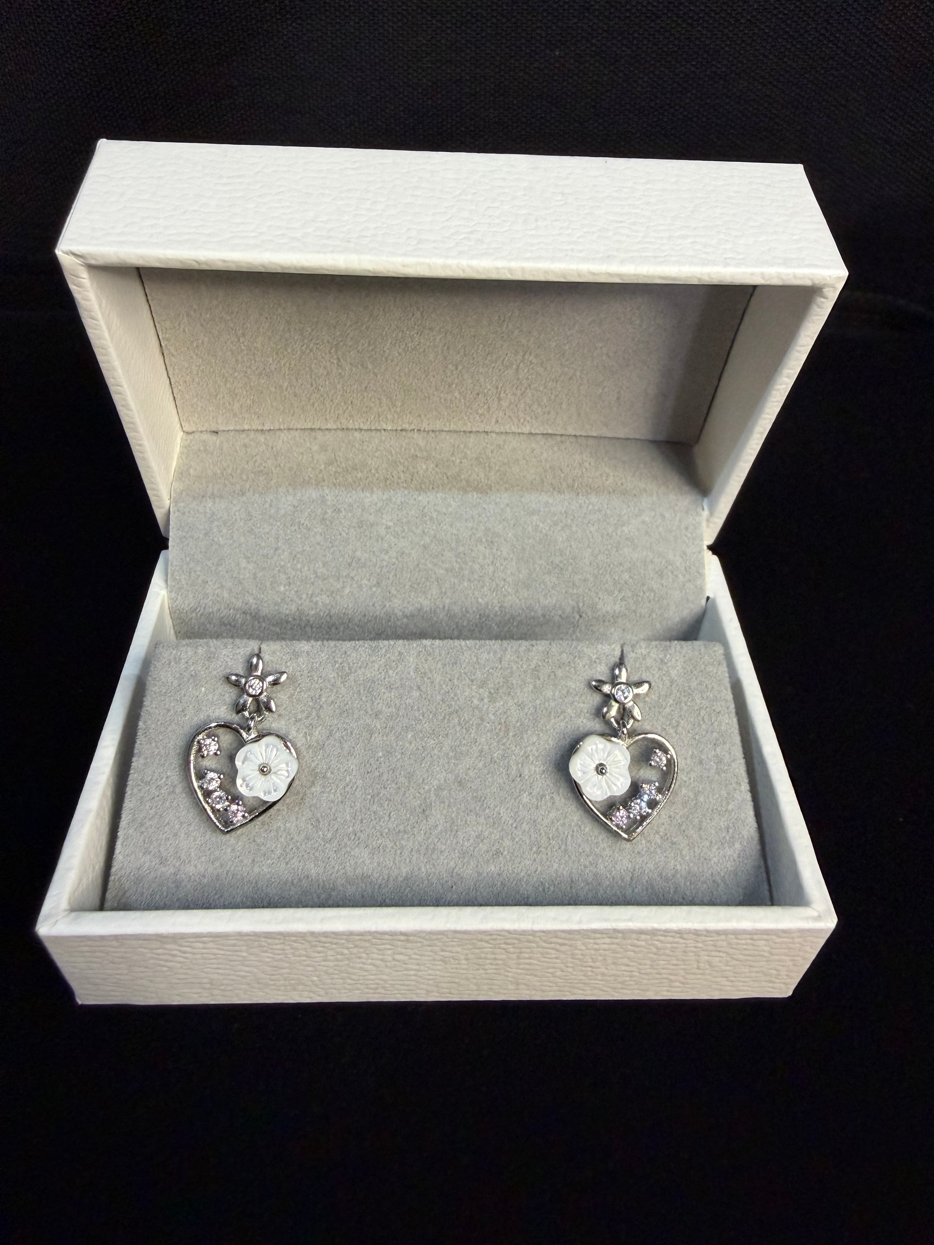 Heart Floral 925 Silver Drop Earrings with CZ Stones