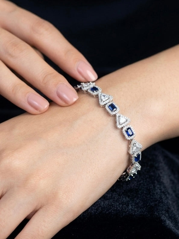 925 Silver Blue Stone Triangle Link Bracelet