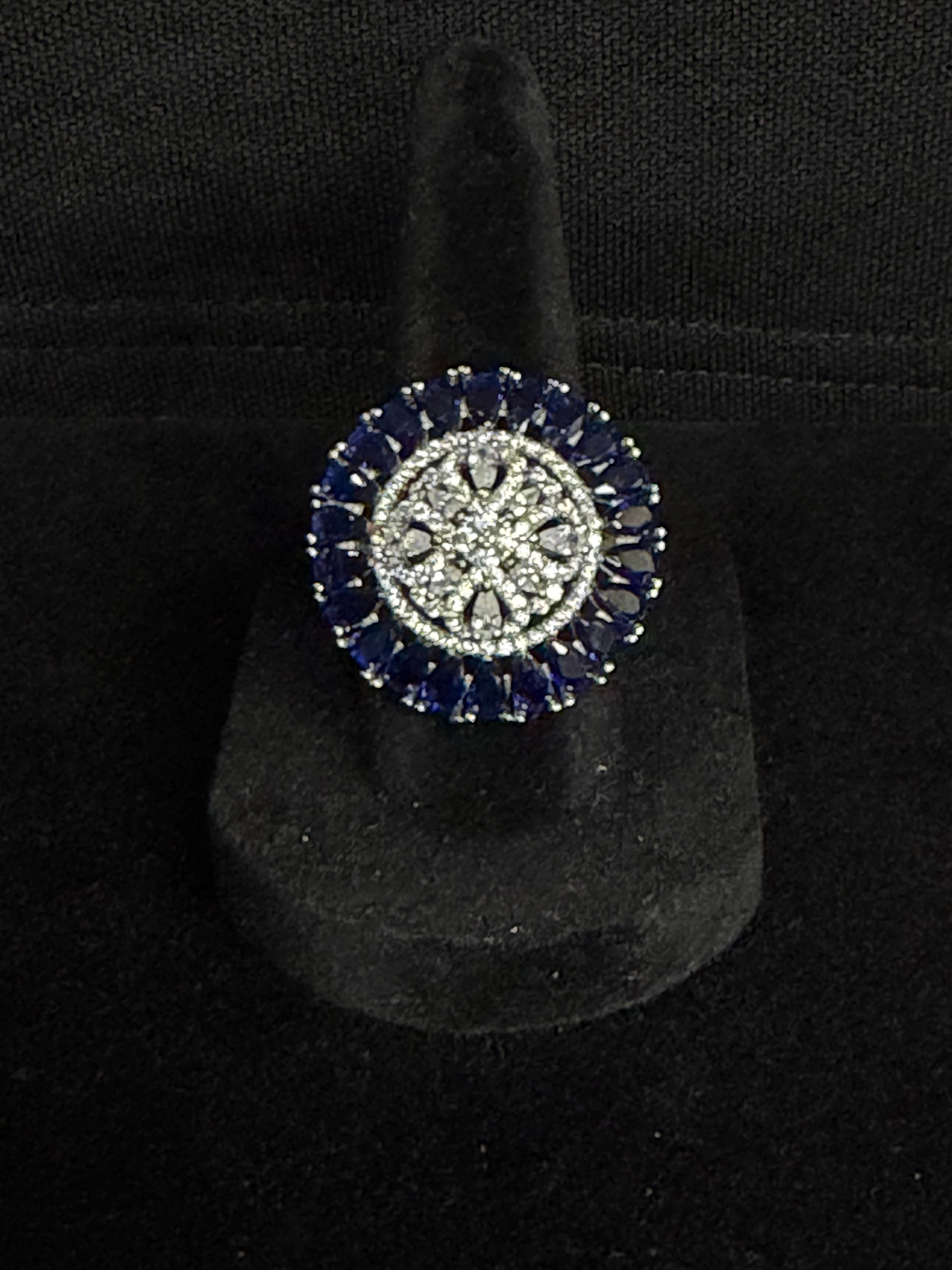 Royal Blue Halo Ring in 925 Silver (Size-8)