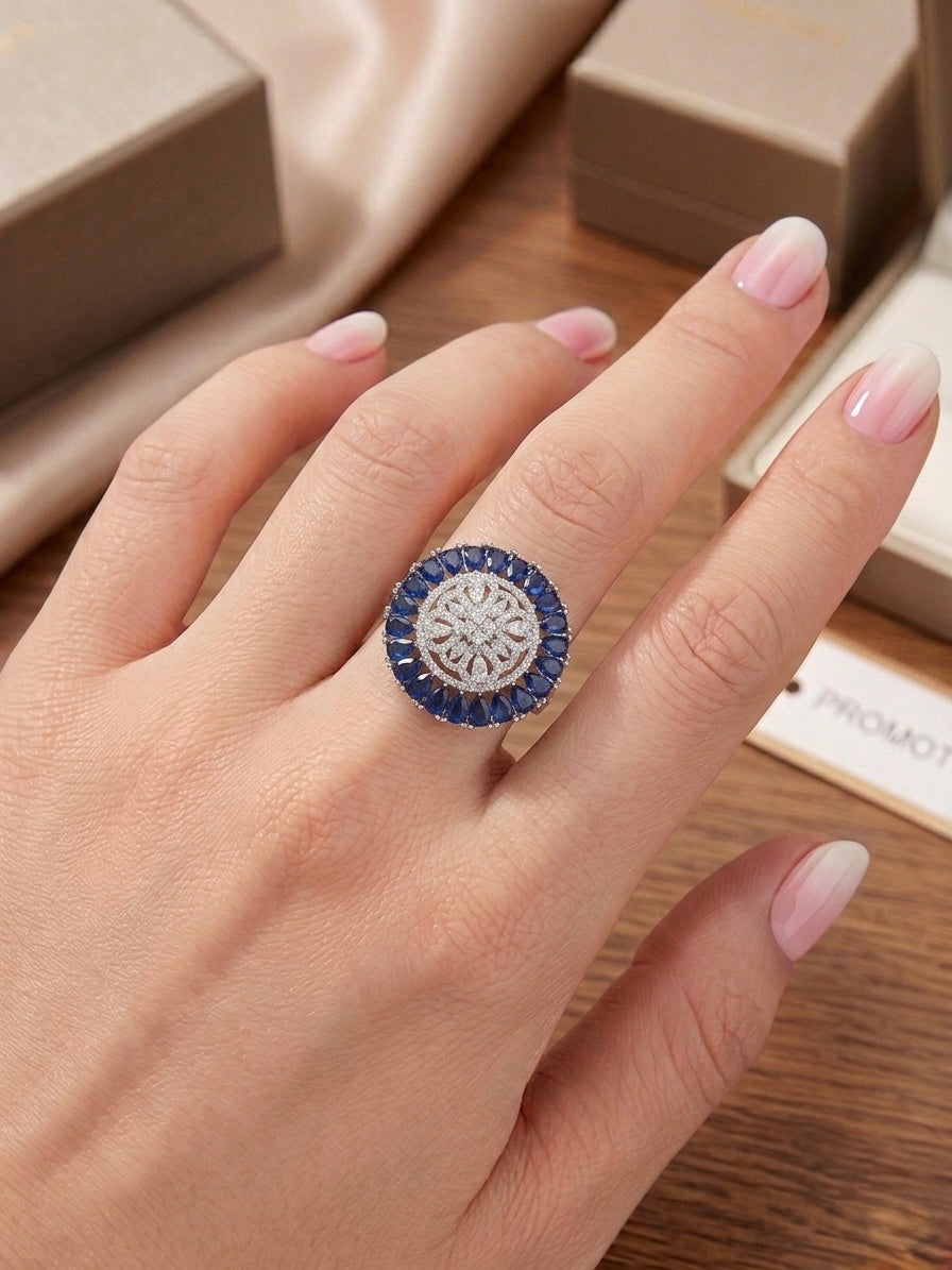Royal Blue Halo Ring in 925 Silver (Size-8)