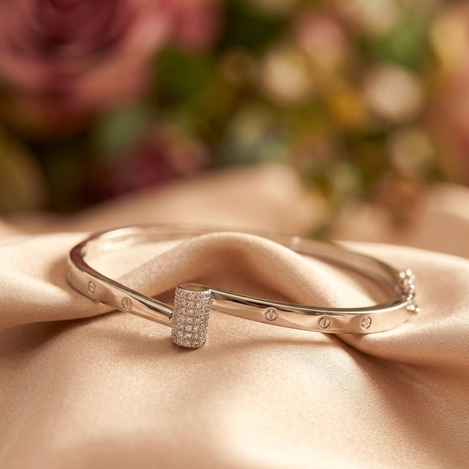 925 Silver Cartier Style Women’s Adjustable Lock Bracelet with CZ Stones