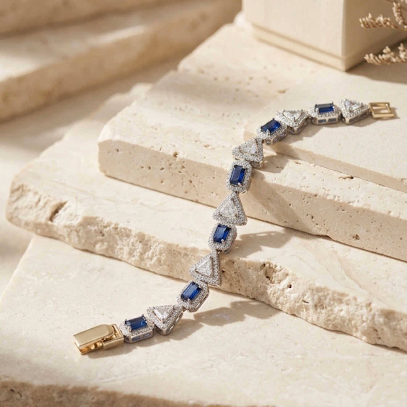 925 Silver Blue Stone Triangle Link Bracelet