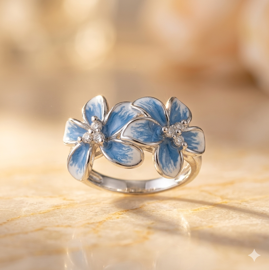 Double Blossom Floral Ring in 925 Silver (Size-8)