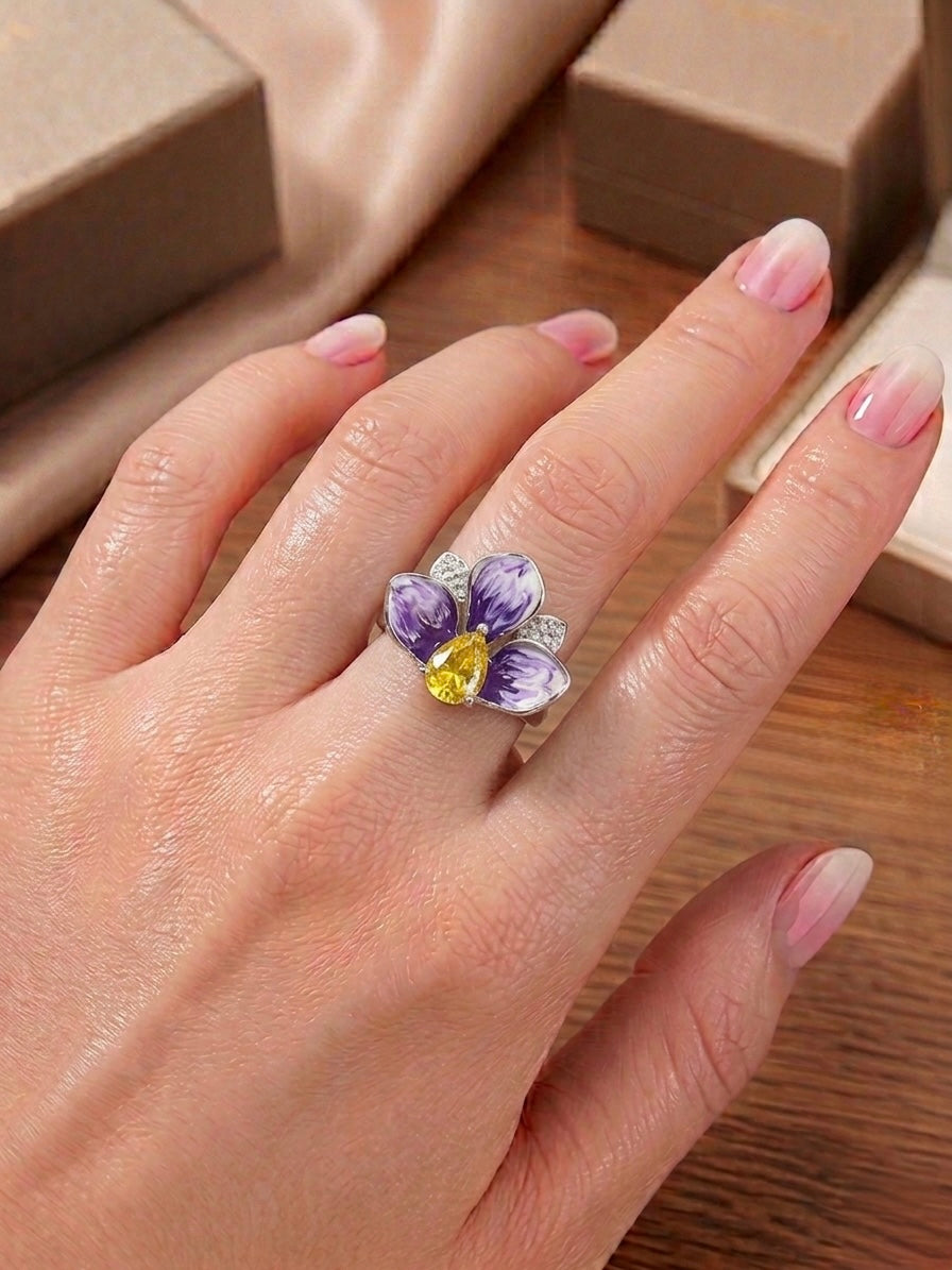 Purple Floral Statement Ring in 925 Silver (Size-8)