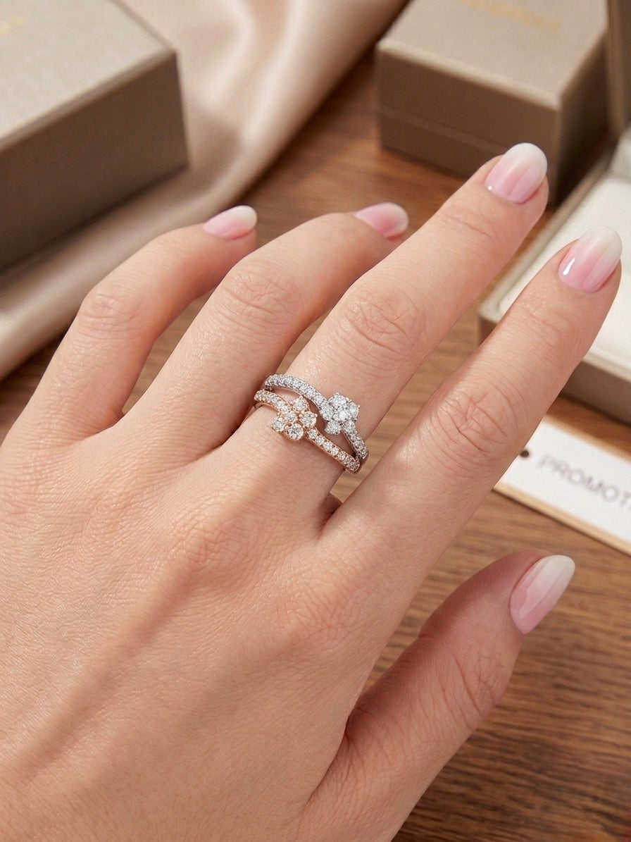 Floral Double Band Ring in 925 Silver (Size - 6)