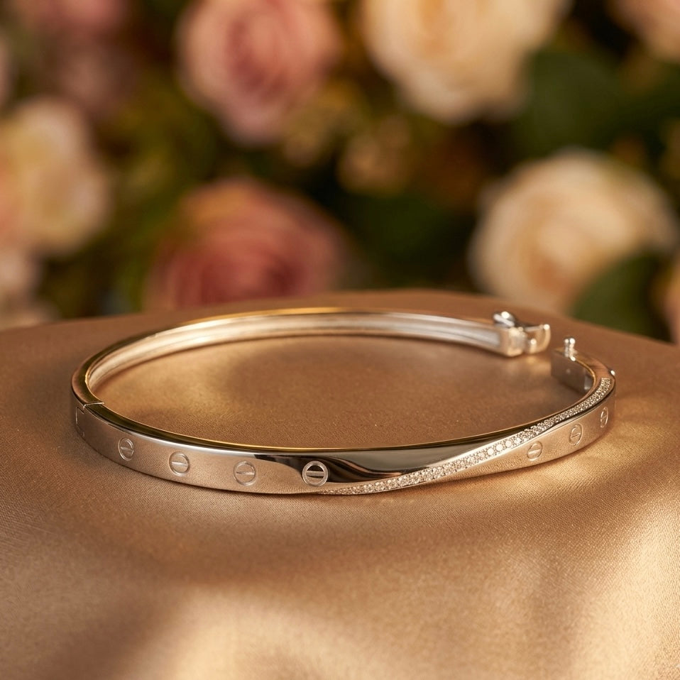 925 Silver Cartier Style CZ Adjustable Lock Bracelet for Women
