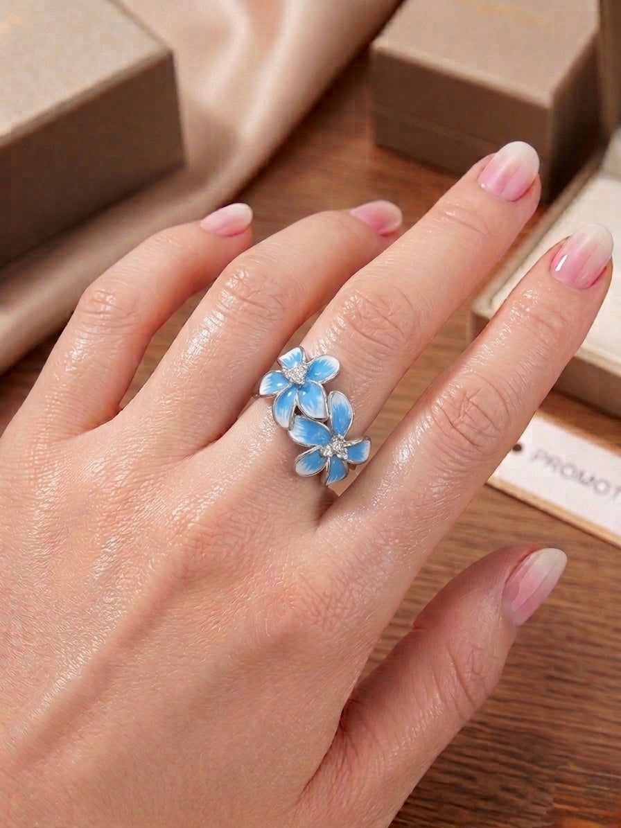 Double Blossom Floral Ring in 925 Silver (Size-8)