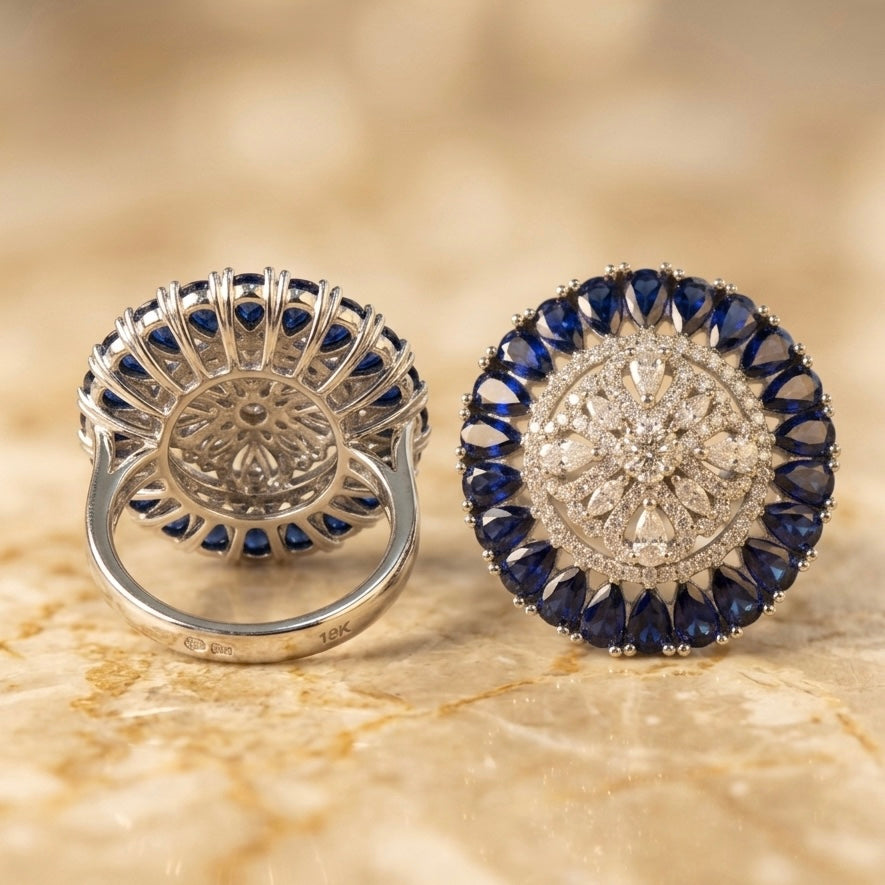 Royal Blue Halo Ring in 925 Silver (Size-8)