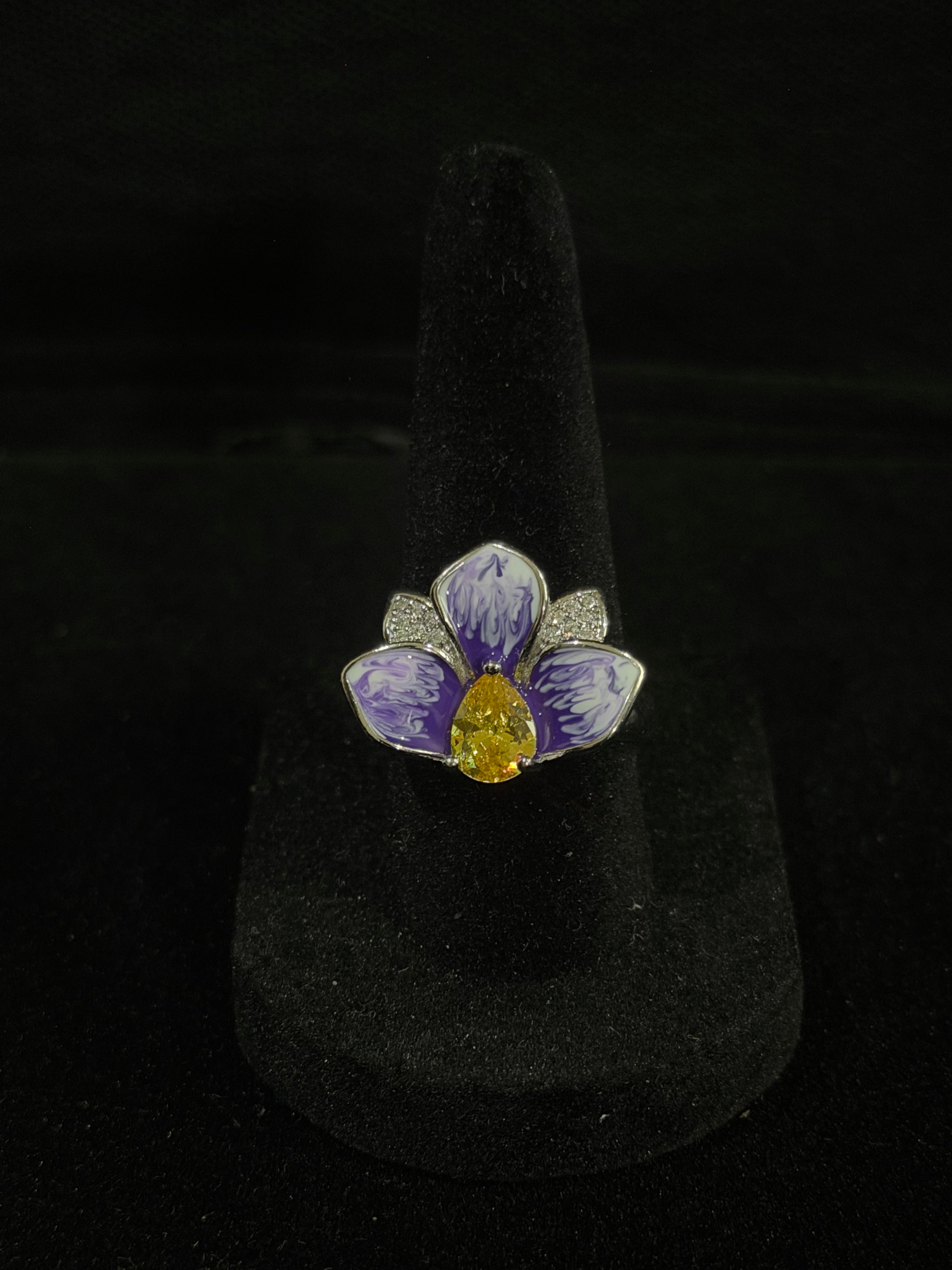 Purple Floral Statement Ring in 925 Silver (Size-8)