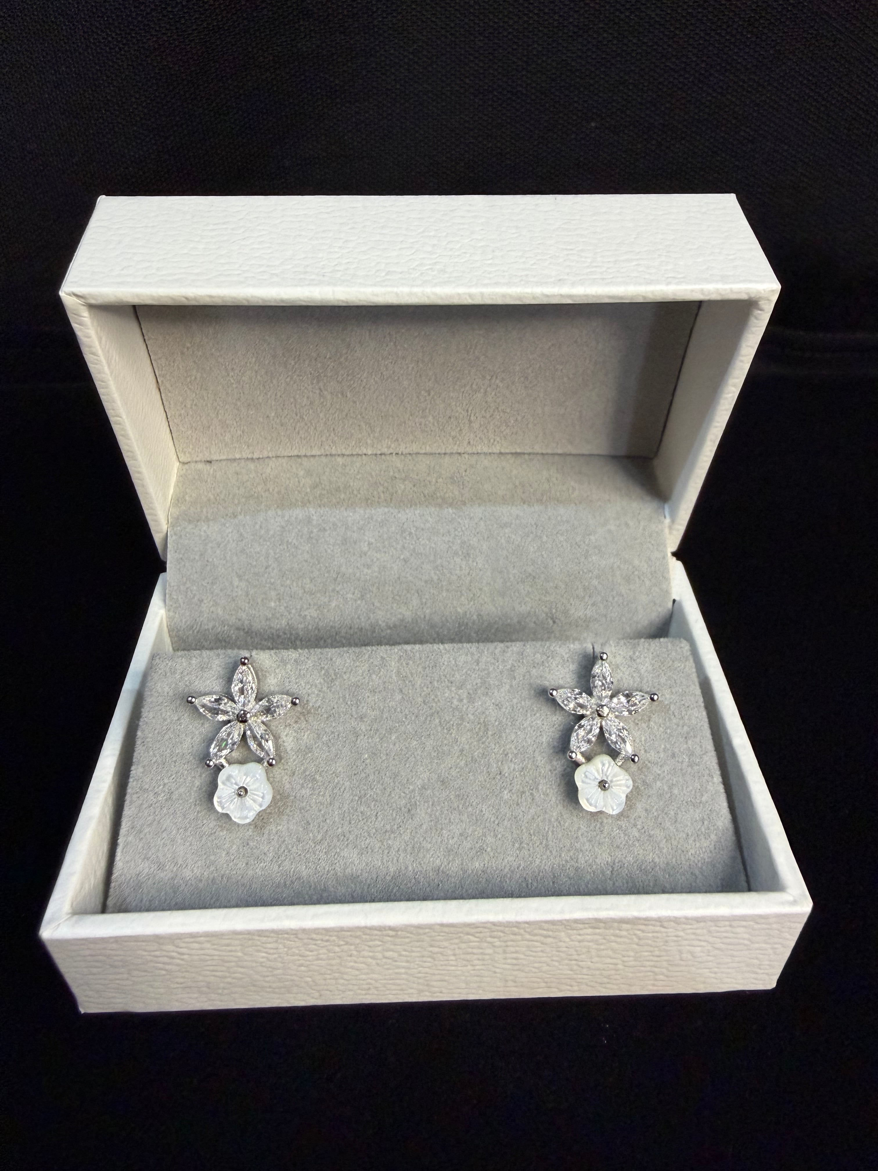 Floral Drop Earrings in 925 Silver with CZ Stones