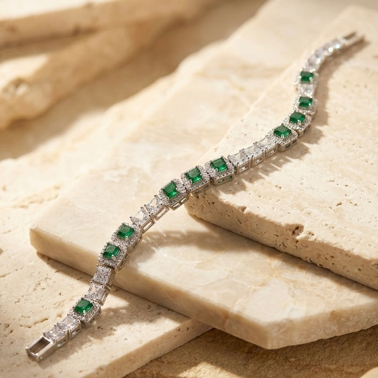 925 Silver Emerald Look Tennis Bracelet – Rhodium Plated Women’s Bracelet