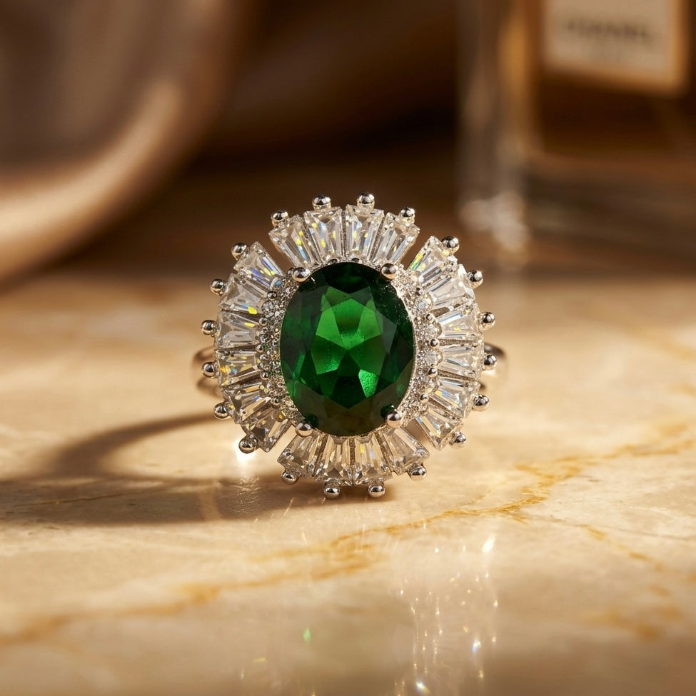 Emerald Halo Ring in 925 Silver (Size-7)