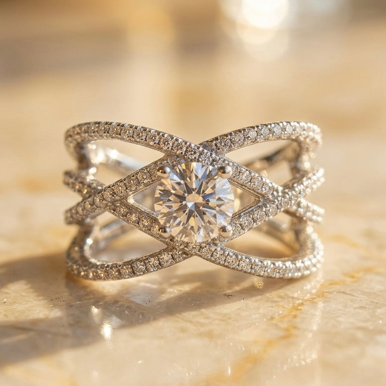925 Silver VVS Moissanite Criss Cross Ring (Size 8)