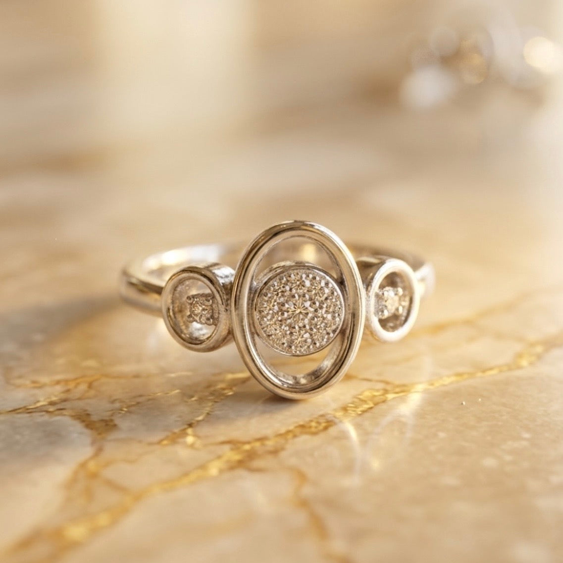 Triple Circle Ring in 925 Silver with CZ Stones (Size-7)