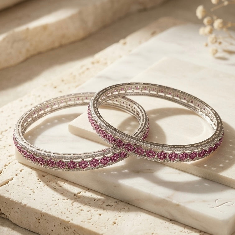 925 Silver Pink Stone Women’s Bangles Set