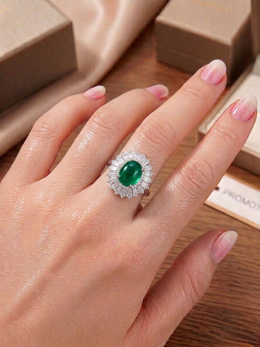 Emerald Halo Ring in 925 Silver (Size-7)